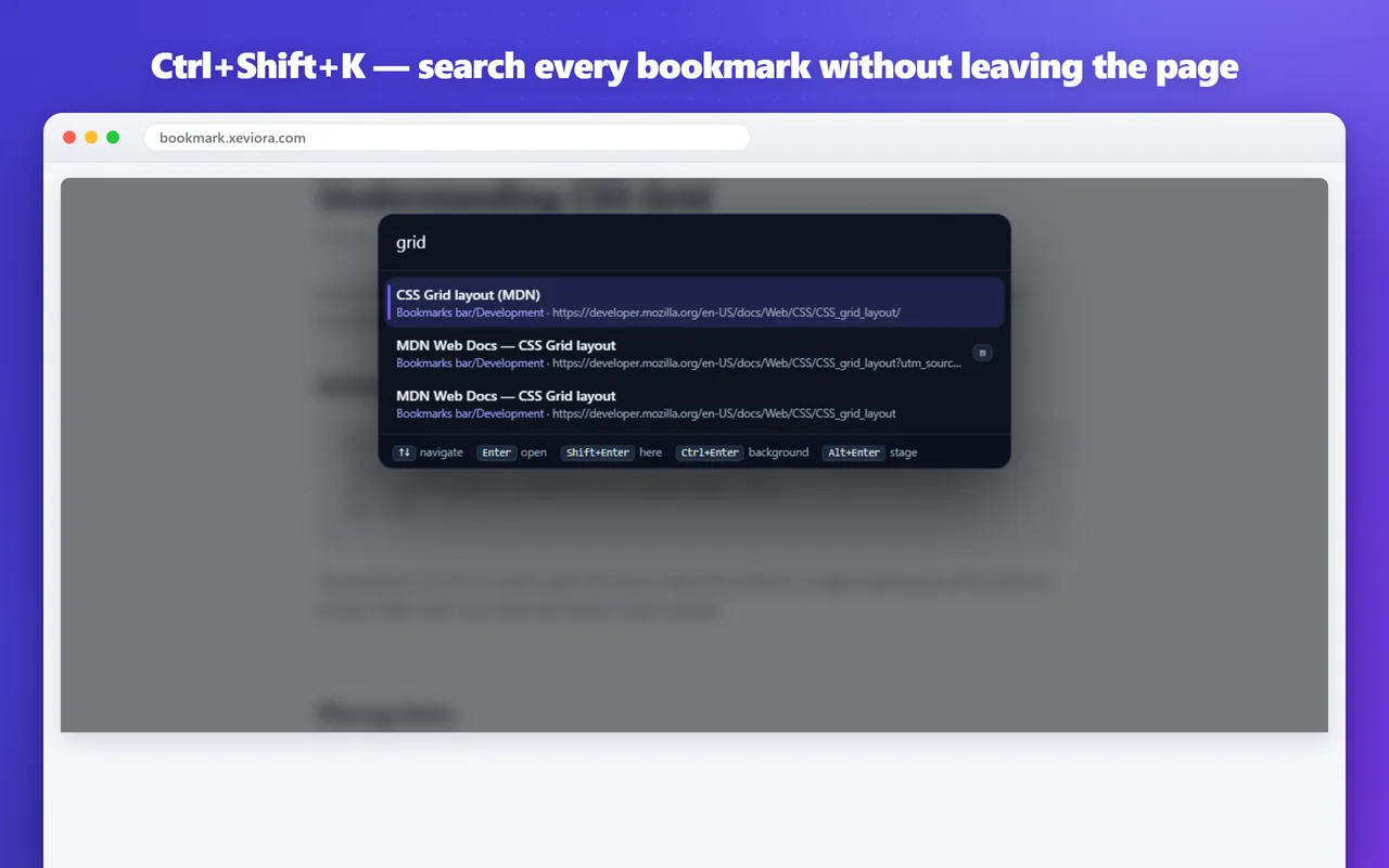 Recherche de favoris façon Spotlight ouverte par-dessus une page web avec Ctrl+Shift+K