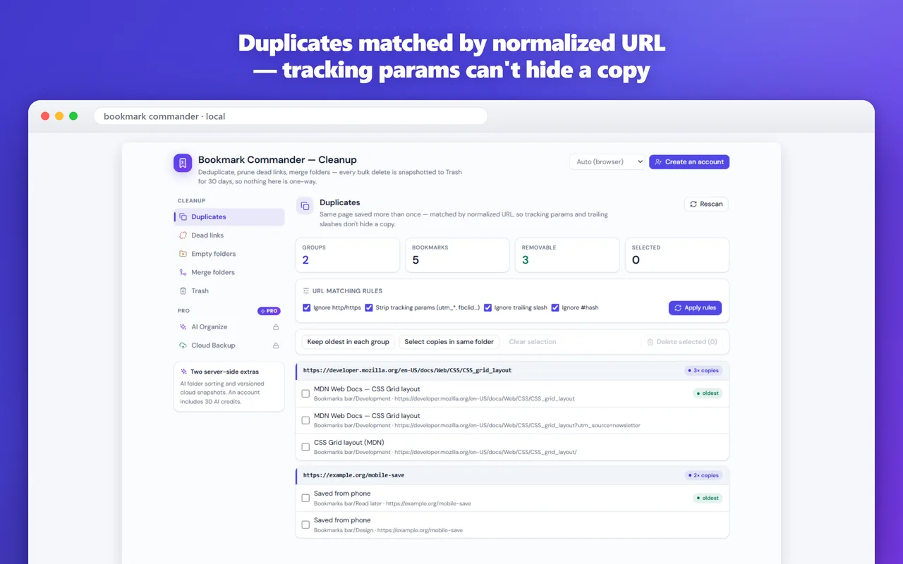 Centre de nettoyage listant les favoris en double, regroupés par URL normalisée