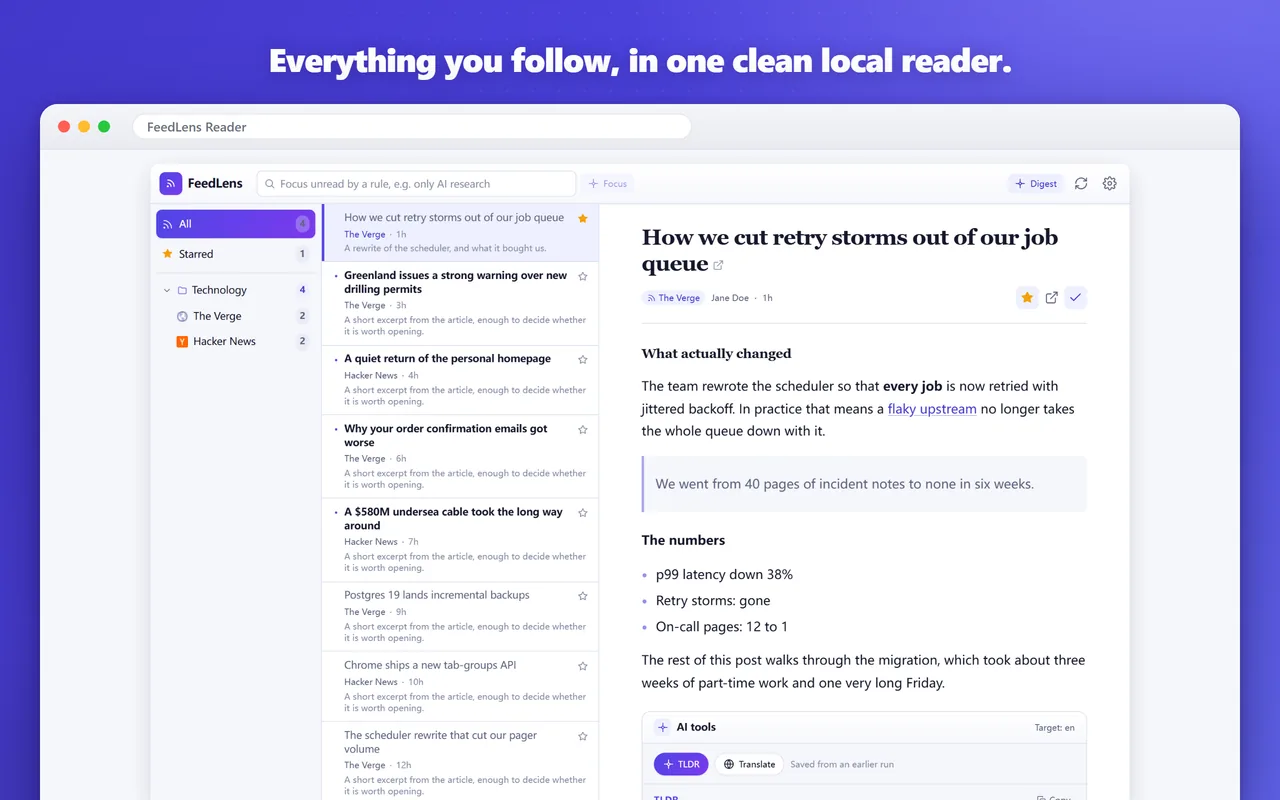 フォルダー、記事一覧、開いた記事が並ぶ FeedLens の 3 ペインリーダー