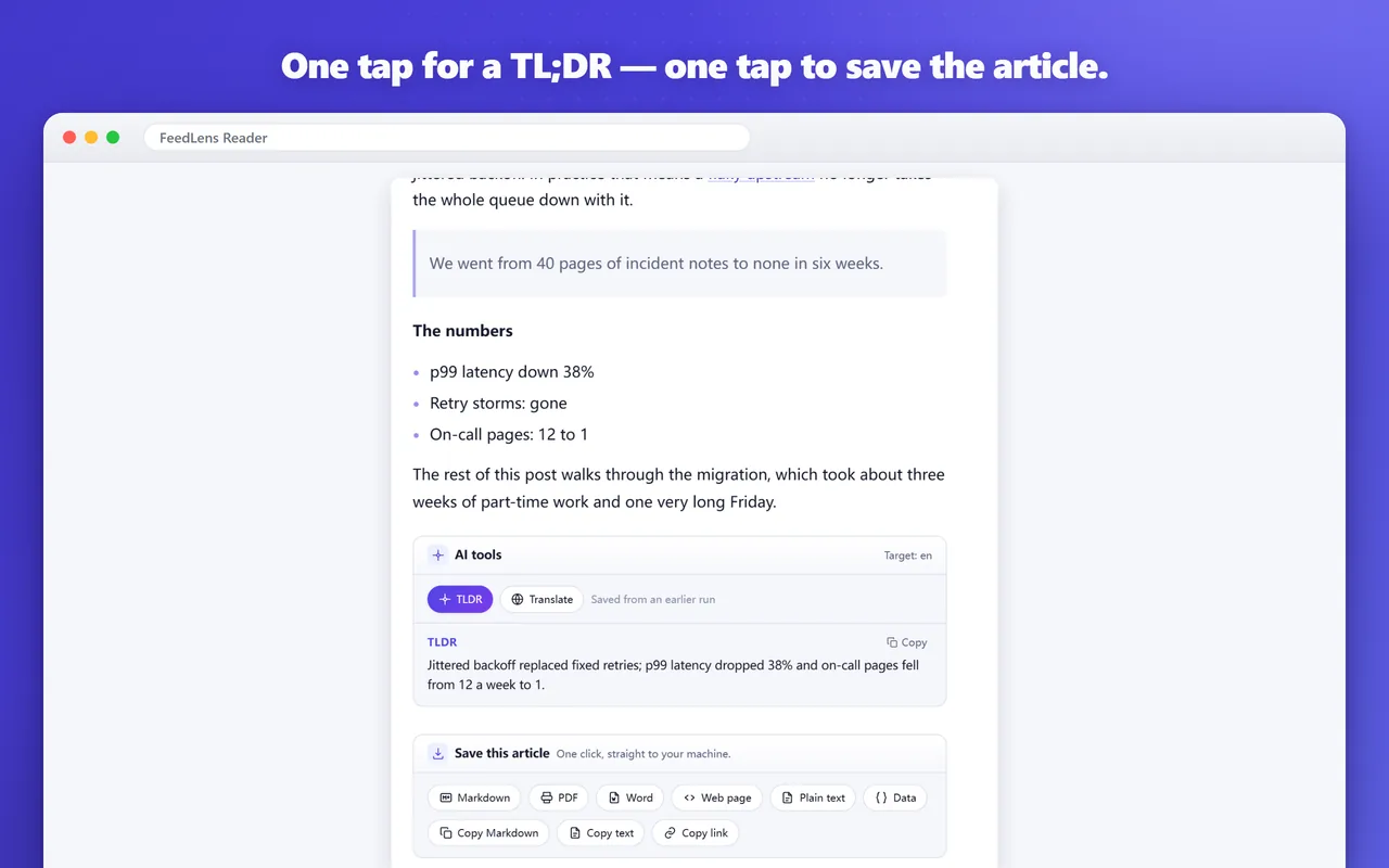 ワンタップの TL;DR と、記事をさまざまな形式で保存するボタンが並ぶ AI ツールカード