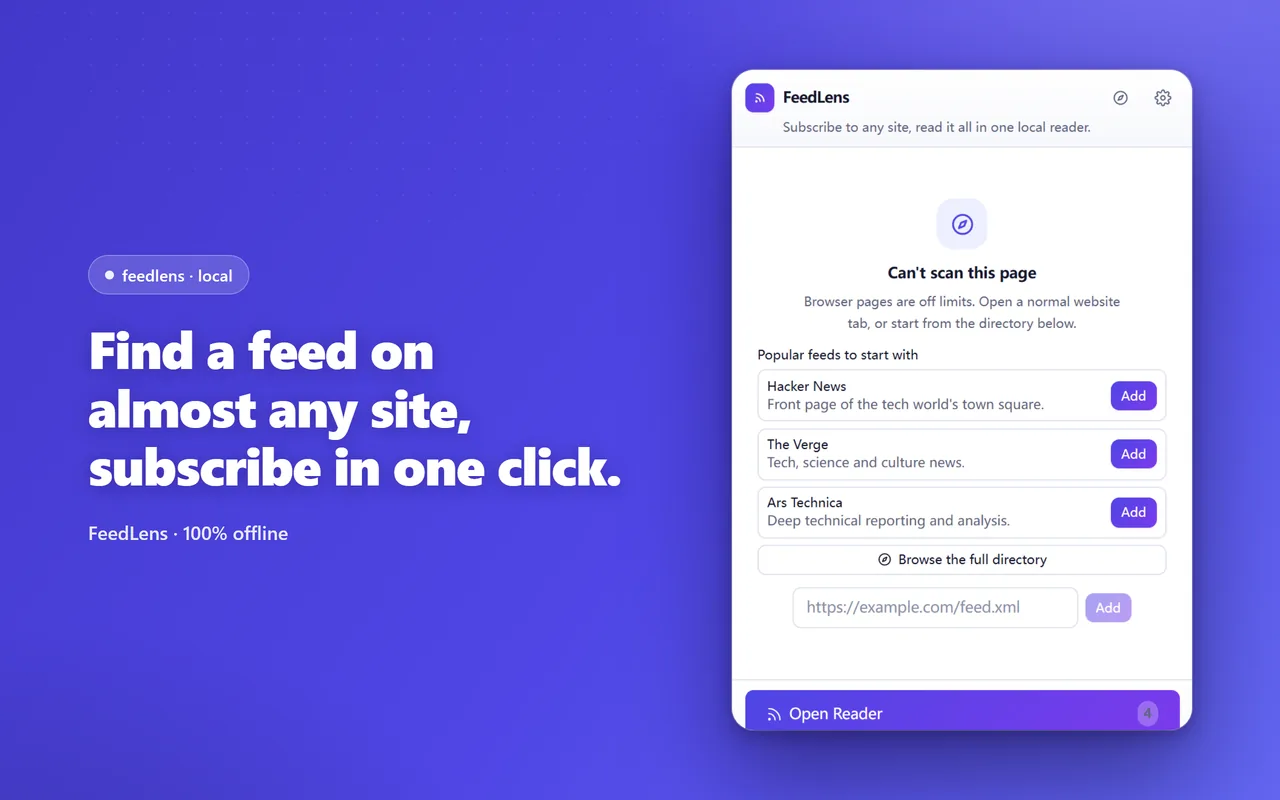 人気のフィードを提案し、フィードのアドレスを追加する入力欄がある FeedLens のポップアップ