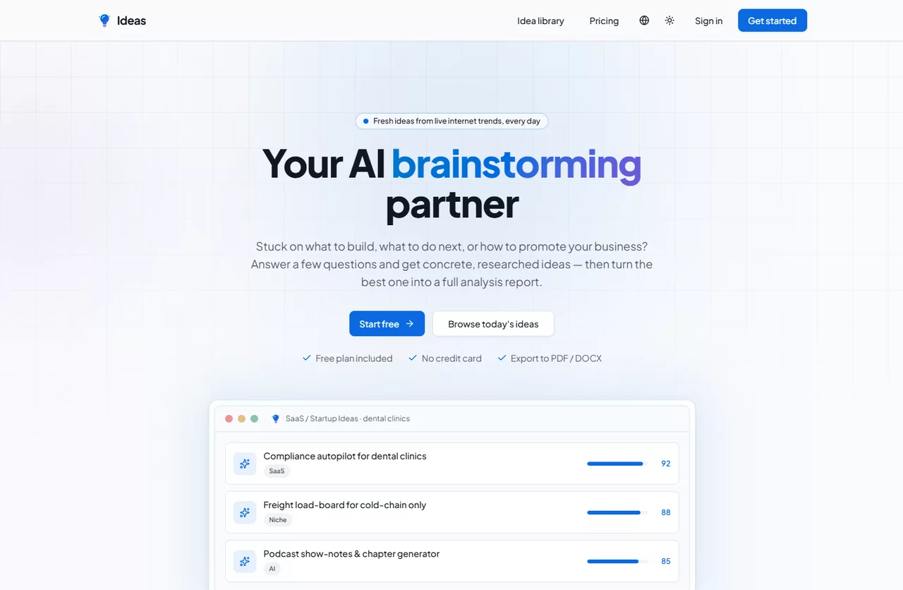 Ideas 首頁,範例中一批創業點子已經評好分,可以直接深入研究