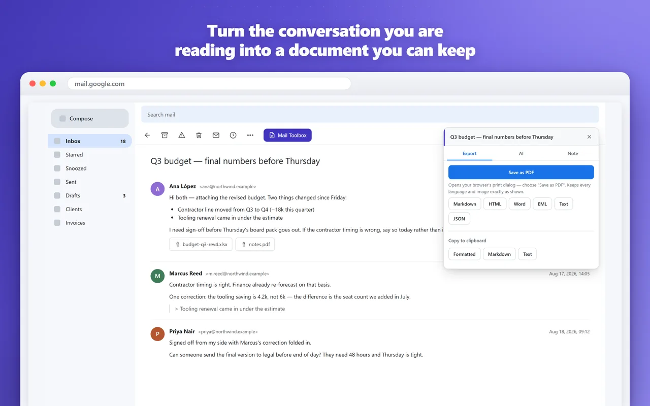 Panel de exportación de Mail Toolbox abierto en una conversación de Gmail, con PDF, Markdown, Word y otros formatos