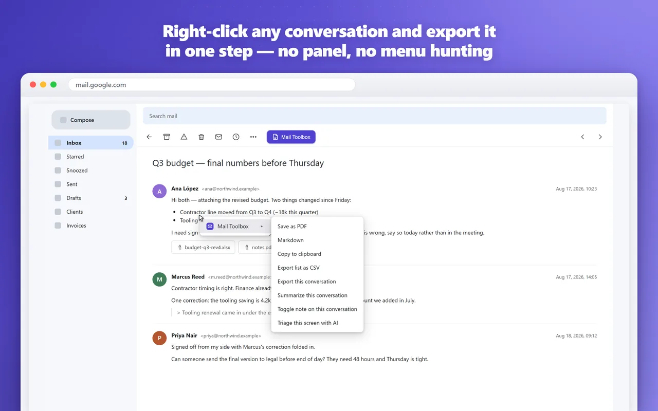 Menú contextual en Gmail con acciones para exportar, resumir y añadir notas