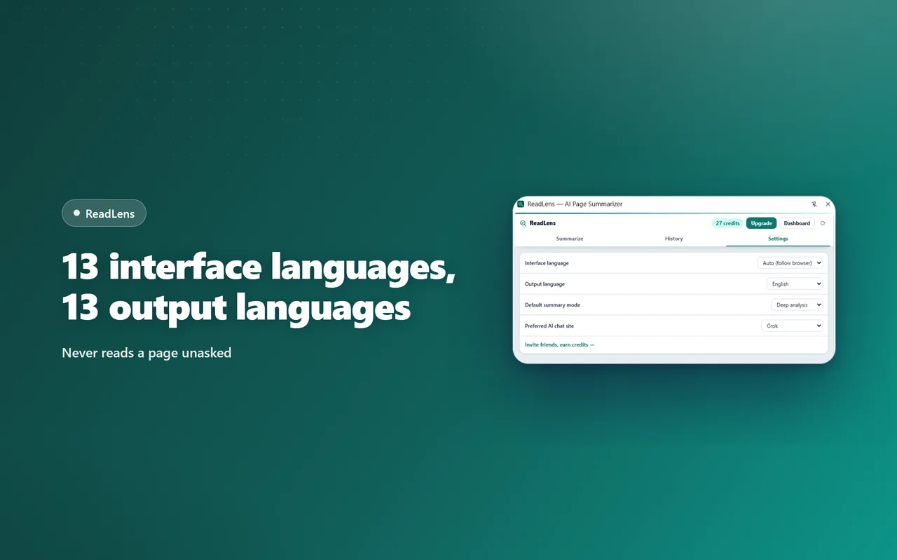 Configurações do ReadLens para idioma da interface, idioma de saída, modo de resumo e site de chat com IA preferido
